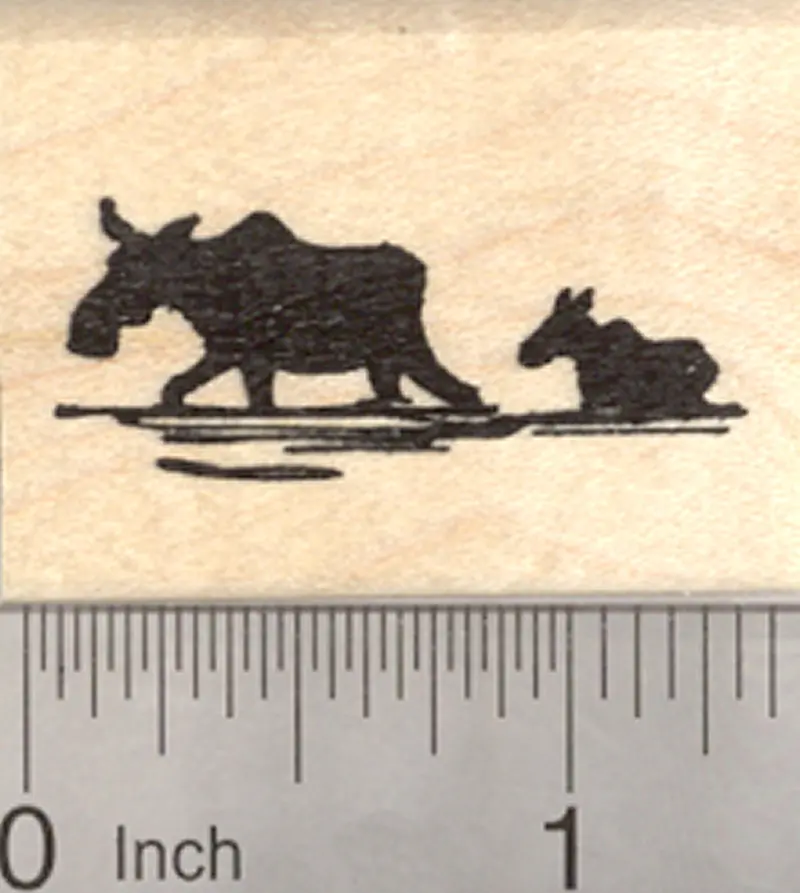 Moose And Calf Silhouette Rubber Stamp – North American Wildlife Scene 1