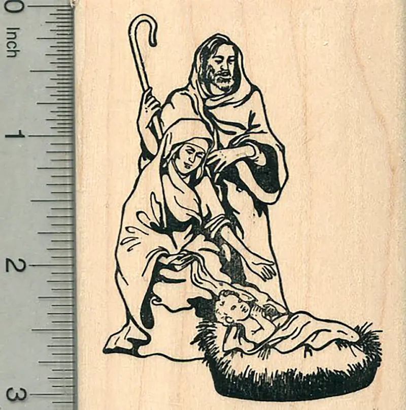 Nativity Scene Rubber Stamp – Mary, Joseph & Baby Jesus In Holy Manger 1