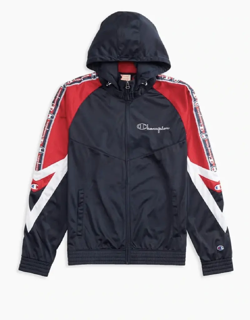 Navy Hooded Track Jacket With Champion Archive Jacquard Tape 1