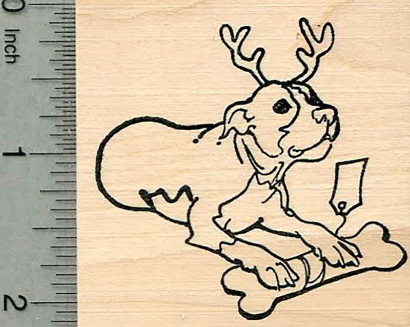 Pitbull Dog With Antlers And Bone – Festive Christmas Stamp 1