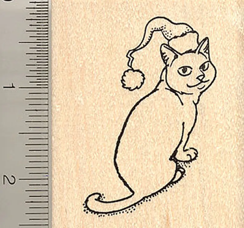 Playful Santa-Hat Cat Holiday Rubber Stamp 1