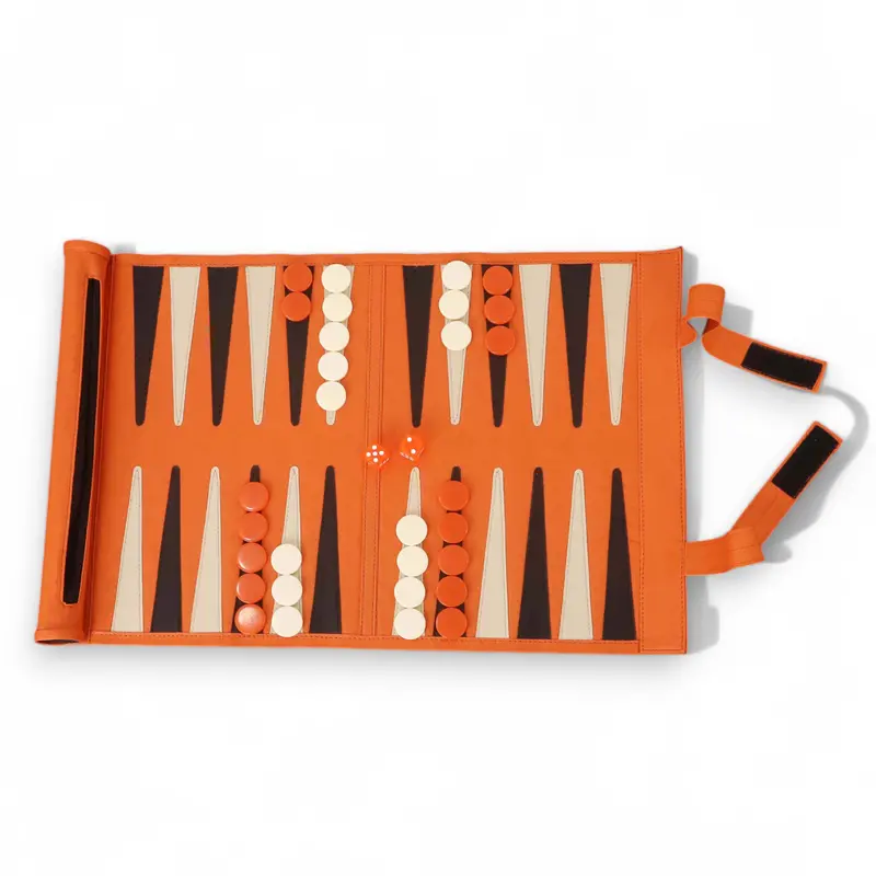 Portable Roll-Up Leatherette Backgammon Set – Vibrant Orange Travel Design 1