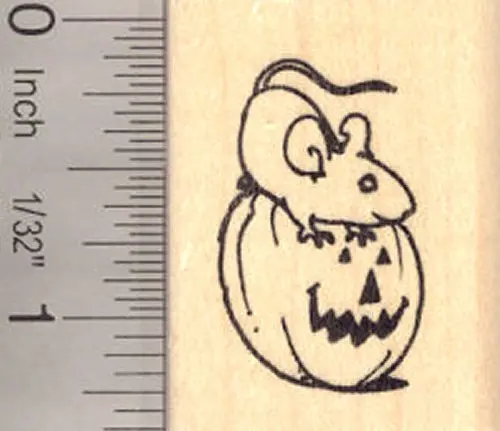 Rat Sitting On Jack-O'-Lantern Rubber Stamp – Whimsical Halloween Design 1
