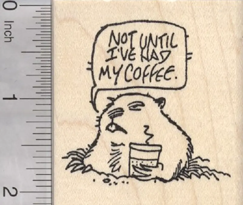 Relatable Groundhog Day Rubber Stamp: ‘Not Until I’Ve Had My Coffee’ 1