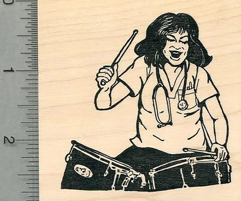 Rhythmic 'Nurses Rock' Drummer Rubber Stamp – Vibrant Healthcare Heroes Artwork 1