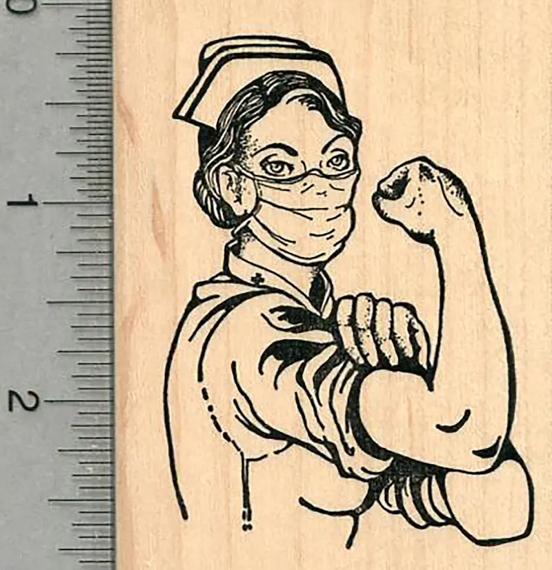 Rosie The Riveter–Style Nurse Rubber Stamp (2.75" Tall) 1