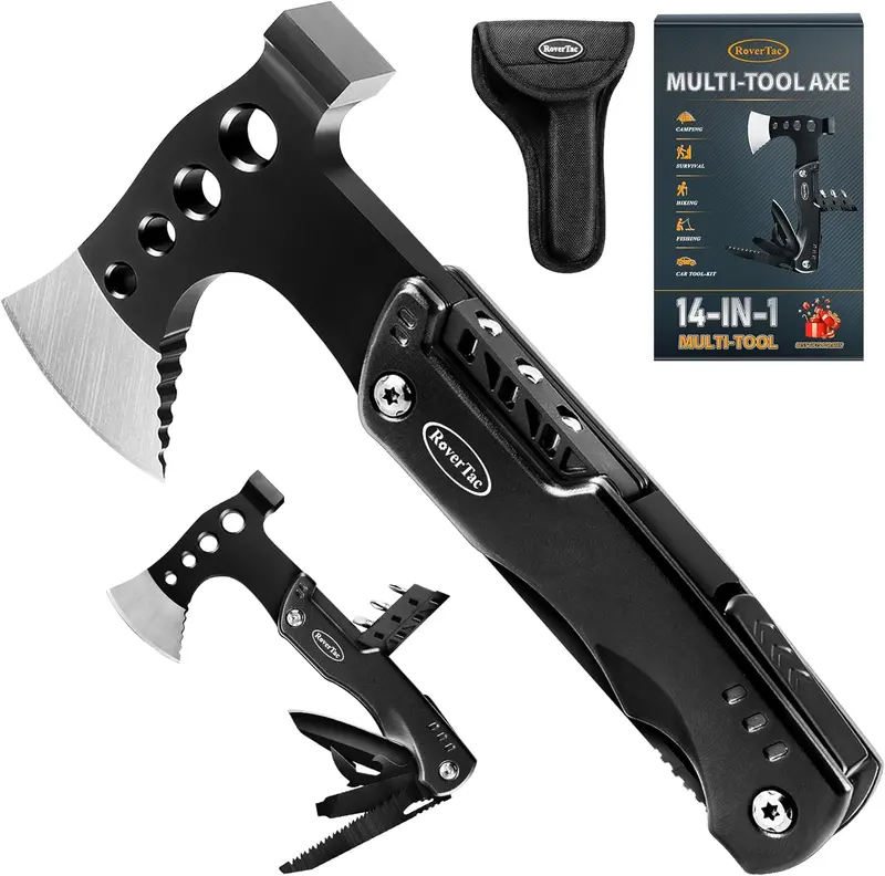Rovertac 11-In-1 Compact Camping Axe Multitool – Lightweight Survival Knife With Hammer, Saw, And Bottle Opener For Trailside Repairs 1