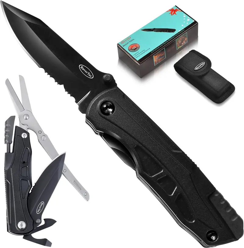 Rovertac 12-In-1 Tactical Pocket Knife – Includes Fire Starter, Whistle, Scissors & Can Opener For Emergency And Recreational Use 1