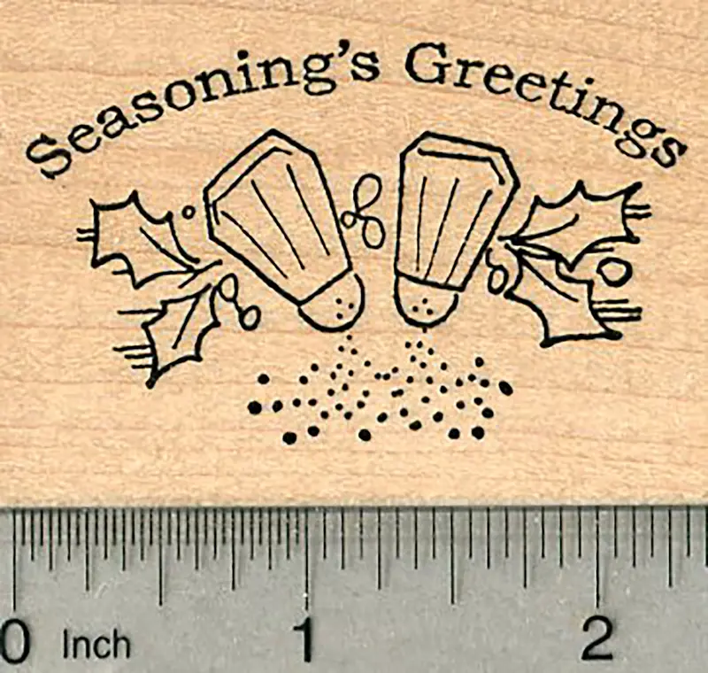 Seasonal Greeting Rubber Stamp – Pun-Based 'Seasonings Greetings' With Salt & Pepper 1