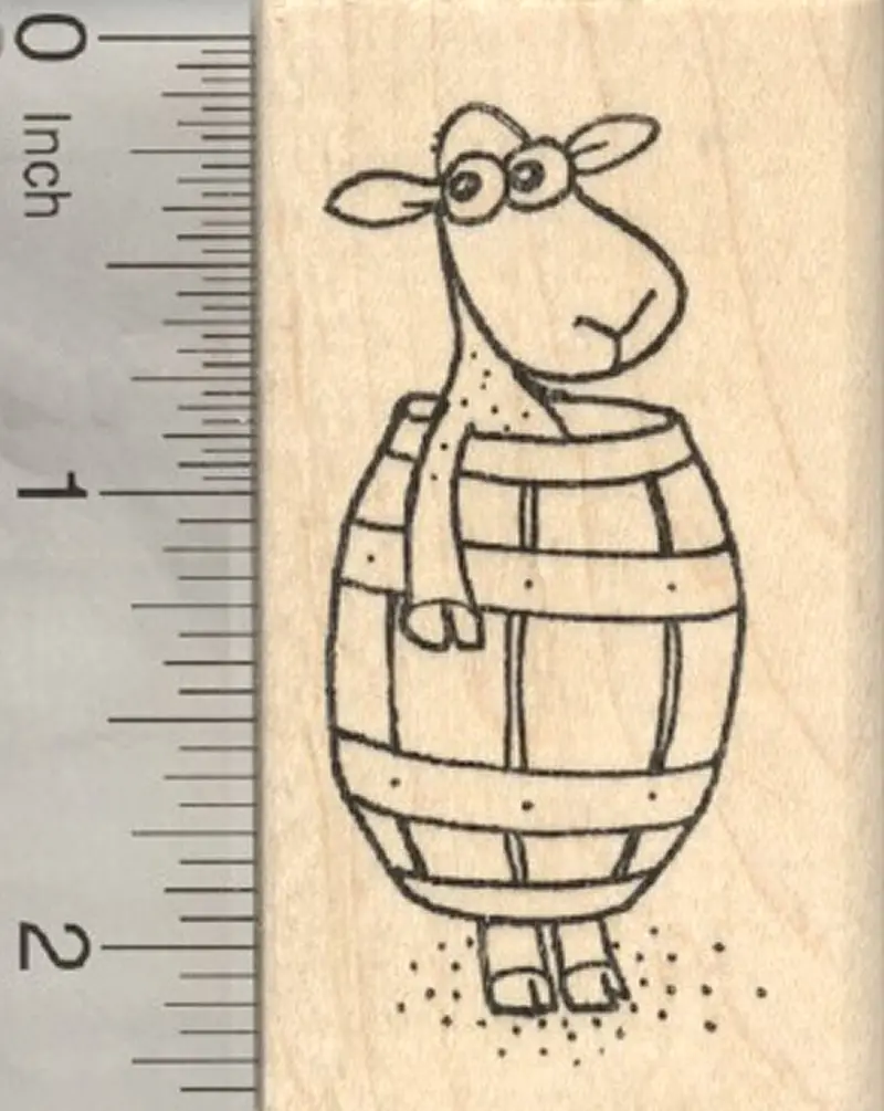 Sheep Illustration Rubber Stamp: Shorn Sheep In Wooden Barrel 1