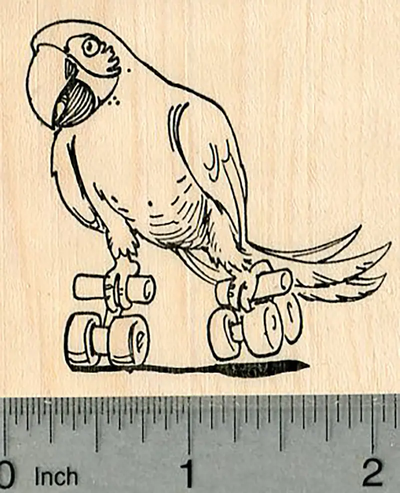 Skating Macaw Parrot Rubber Stamp – Whimsical Animal Design 1