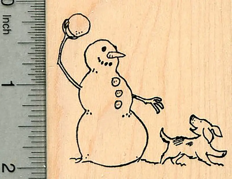 Snowman Playing Fetch With A Dog – Winter Fun Rubber Stamp 1