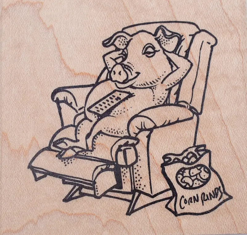‘Swine Unwinds’ Reclining Pig Rubber Stamp – Whimsical Animal Illustration 1