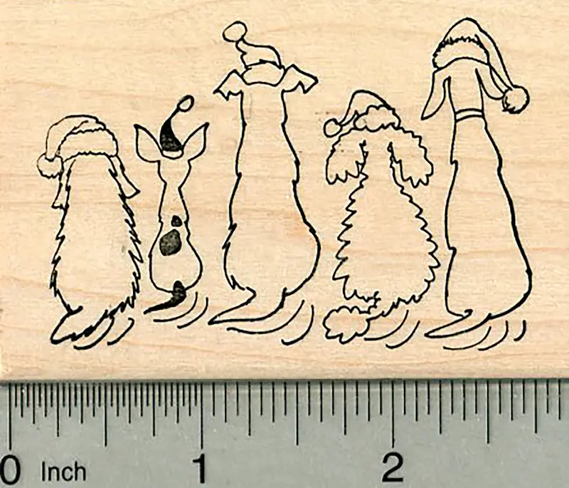 Tail-Wagging Dogs Christmas Rubber Stamp – Playful Canines In Santa Hats 1