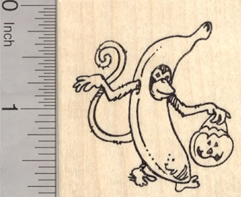 Trick-Or-Treat Monkey Rubber Stamp – Banana-Costumed Primate For Fun Halloween Cards 1