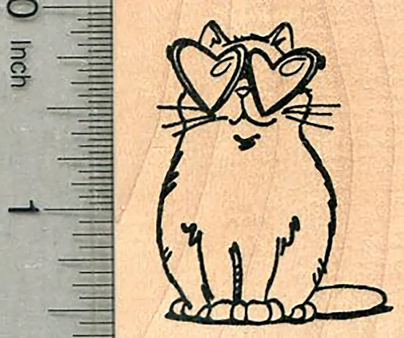 Valentine’S Cat Rubber Stamp – Heart-Shaped Glasses Design 1