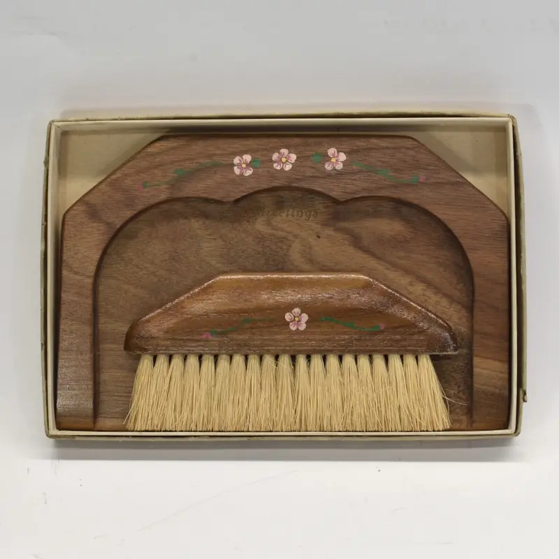 Vintage Hand-Painted Walnut Wood Crumb Brush And Pan Set 1