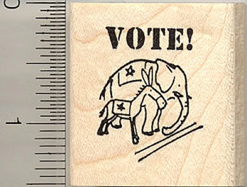 'Vote!' Political Symbol Rubber Stamp Featuring Elephant & Donkey 1