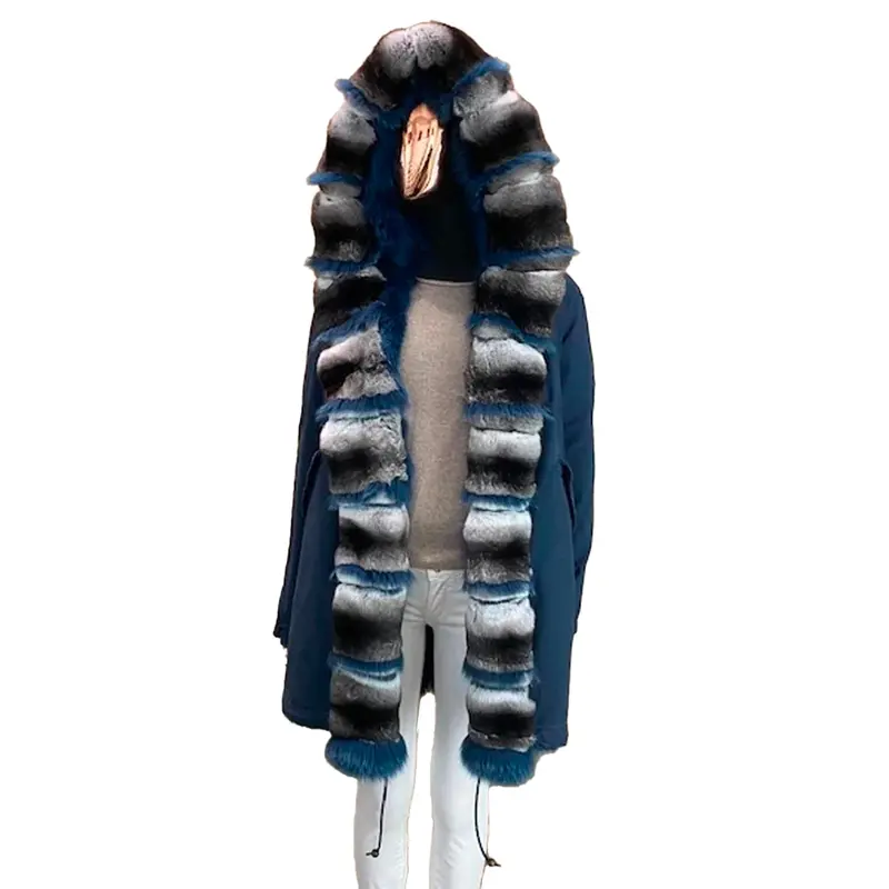 Zarina Stone Blue Navy Midi Parka With Natural Fur Trim 1