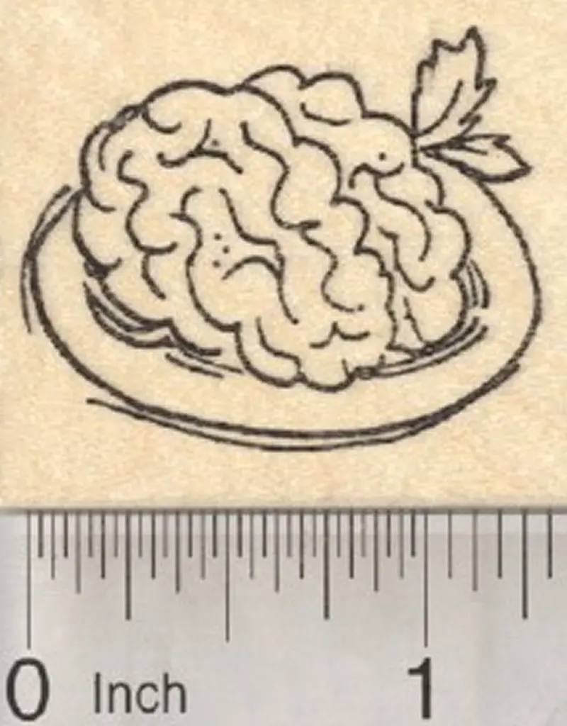 Zombie Brain Rubber Stamp – Macabre Yet Playful 'On A Plate With Parsley' Illustration 1
