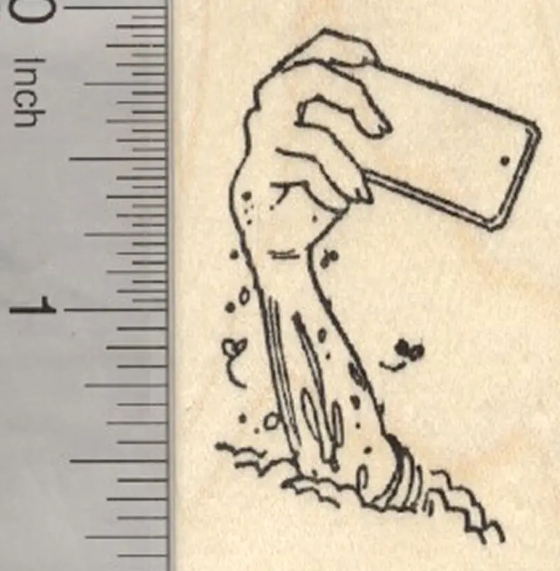 Zombie Selfie Rubber Stamp – Humorous Arm-And-Phone Composition 1