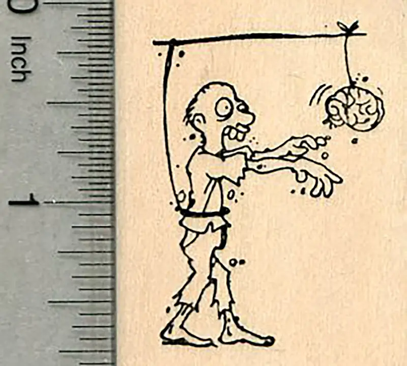 Zombie Trap Rubber Stamp – Brain-On-A-Stick Chase Scene For Apocalyptic Halloween Themes 1